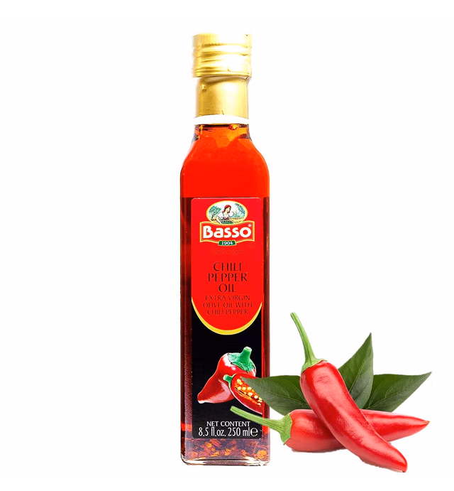 Spicy Chili Oil, Infused Premium Extra Virgin Olive Oil, 8.5 Fl Oz (250 ml), Drizzle, Cooking, Dipping, Dressing, and Tasting, BASSO 1904(Chilli Pepper)