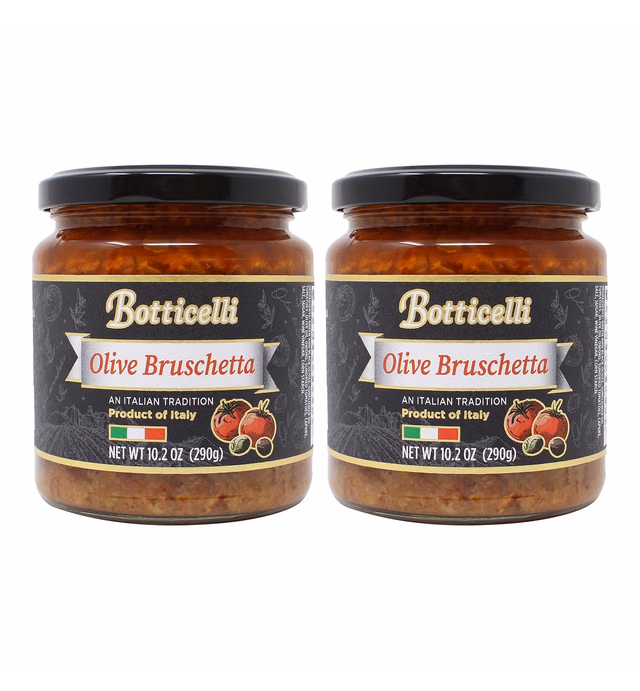 Olive Bruschetta by Botticelli, 10.2oz Jars (Pack of 2) - Premium Italian Appetizer - Gluten-Free - Green & Black Olives, Onions, Sundried Tomatoes, and Olive Oil