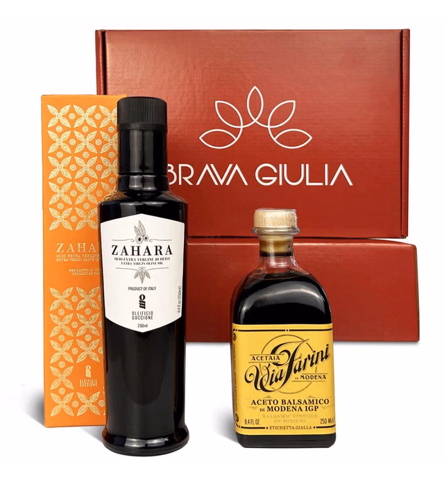 Brava Giulia Selections Gift Box | Premium Gourmet Italian Aged Via Farini Balsamic Vinegar Of Modena And Zahara Extra Virgin Olive Oil Imported From Italy
