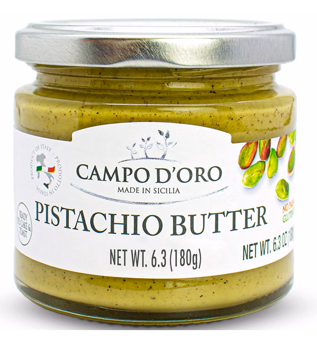 Pistachio Nut Butter, 6.35 oz (180g) Sweet Pistachio Cream Spread , Made with Pistachios from Bronte Sicily, Product of Italy, No Preservatives, No Palm Oil, Campo D'Oro