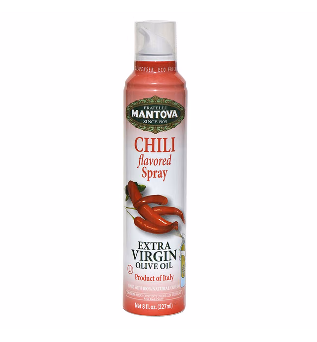 Mantova Chili Flavored Extra Virgin Olive Oil Spray, heart-healthy cooking spray perfect for salads, pasta sauces, or grilling, 100% natural cooking oil made in Italy, olive oil dispenser bottle sprays, drips, or streams with no waste, 8 oz