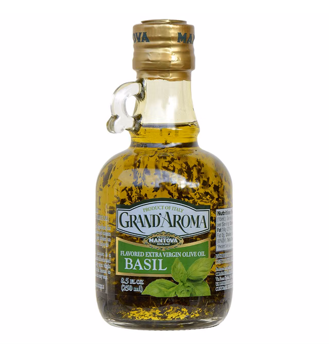 Mantova Grand’Aroma Basil Flavored Extra Virgin Olive Oil, made in Italy, cold-pressed, 100% natural, heart-healthy cooking oil perfect for salad dressing, pasta, garlic bread, meats, or pan frying, 8.5 oz (Pack of 2)