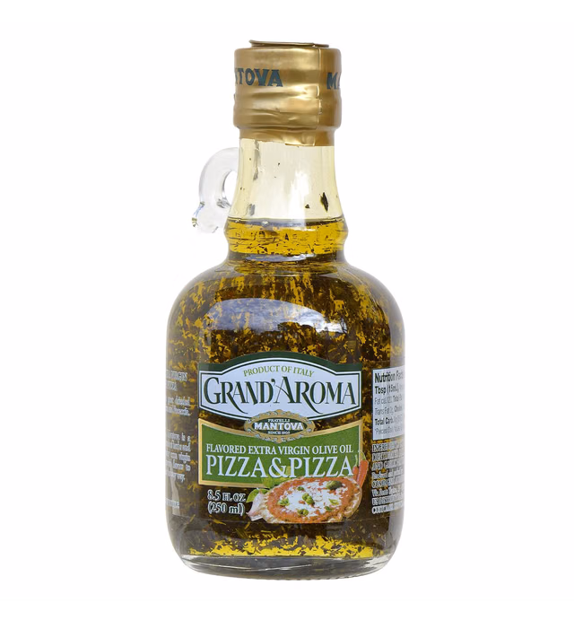 Mantova Grand’Aroma Pizza Flavored Extra Virgin Olive Oil, made in Italy, cold-pressed, 100% natural, heart-healthy cooking oil perfect for pizza dough, pasta, garlic bread, or sauces, 8.5 oz