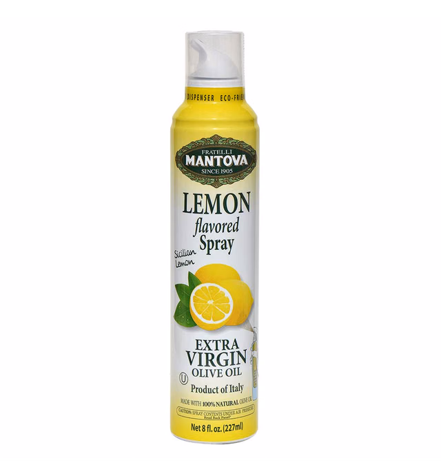Mantova Lemon Flavored Extra Virgin Olive Oil Spray, heart-healthy cooking spray perfect for salads, pasta sauces, or grilling, 100% natural cooking oil made in Italy, olive oil dispenser bottle sprays, drips, or streams with no waste, 8 oz