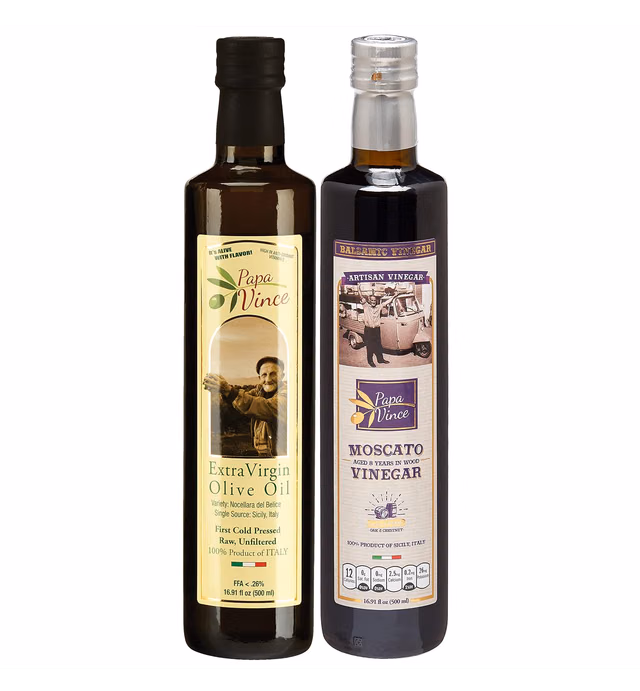 Papa Vince Extra Virgin Olive Oil & Balsamic Set - EVOO First Cold Pressed Dec 2019/20, Vinegar Aged 8-years in wood made by our family in Sicily, Italy, KETO, PALEO, VEGAN - 16.91 oz each