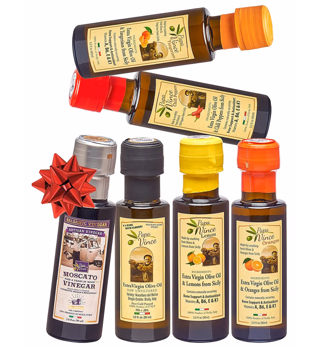 Papa Vince Flavored Olive Oil Collection - High Polyphenols, Single Sourced, Harvest Dec 2020/21, Mild Chili, Lemon, Orange made by our family in Sicily, Italy with local crops. 6 Small Bottle Gift