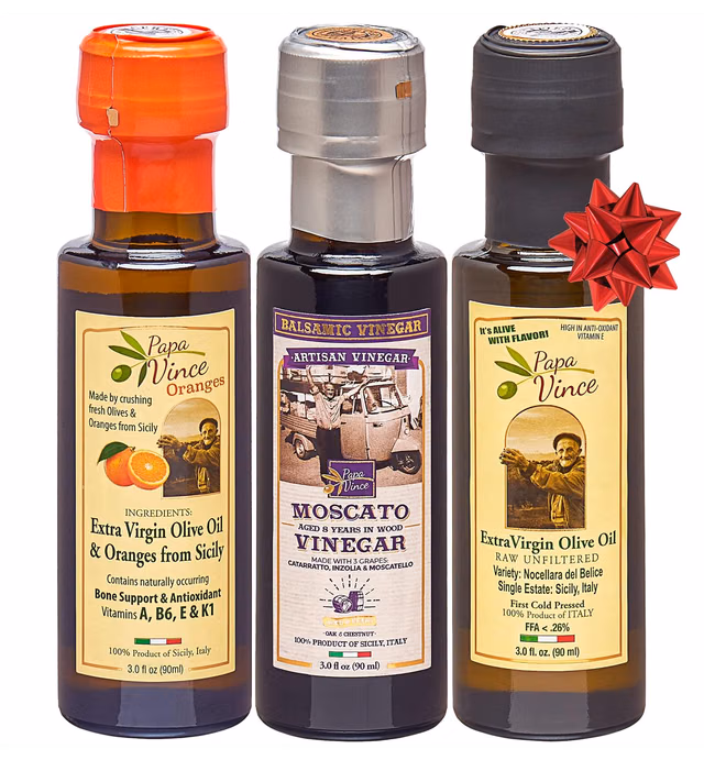 Papa Vince Infused Olive Oil Dipping Set: Blood Orange & Extra Virgin Harvest Dec 2020/21, Balsamic Vinegar 8 yr aged, No Sugar Added, No Pesticides, No Roundup from our family, Sicily, Italy