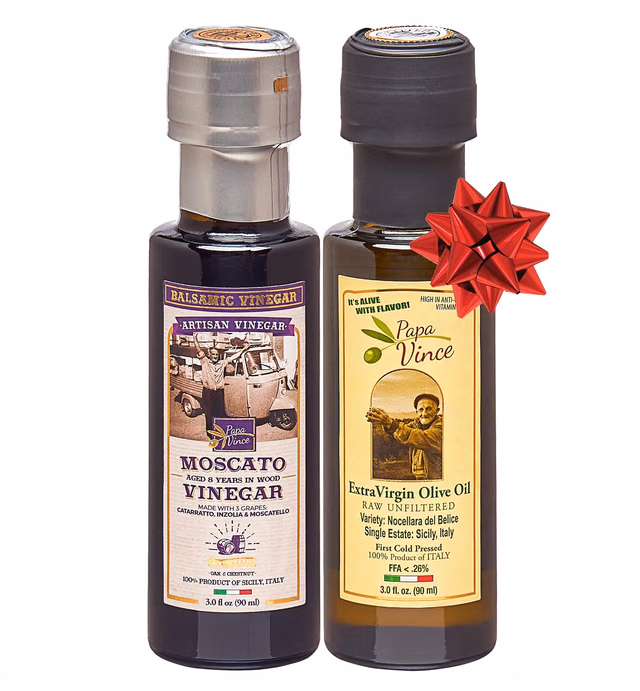 Papa Vince Infused Olive Oil Dipping Set: Classic Extra Virgin Harvest 2020/21, Balsamic Vinegar 8 yr aged, No Sugar Added, No Pesticides, No Roundup from our family, Sicily, Italy, 3 fl oz ea