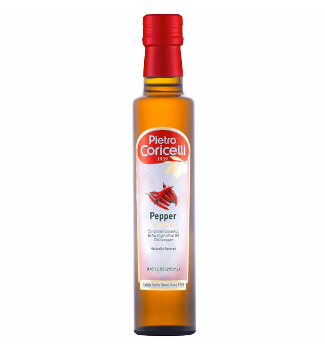 PIETRO CORICELLI: Natural Red Pepper Flavored Extra Virgin Olive Oil (EVOO) | Cold Pressed | Condiment of Mediterranean Cuisine | Add Rich Flavor to your Gourmet Dishes (250ML 8.45 FL OZ)