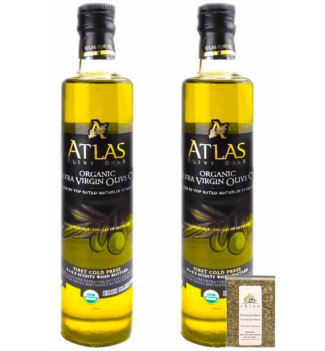 Atlas Olive Oils SARL, Moroccan Organic Extra Virgin Olive Oil (EVOO), Cold Pressed, Polyphenol Rich, Imported from Morocco, 500 fl oz (.5 Liter) + Includes-Free Basil from Rhino Fine Foods, .071 oz