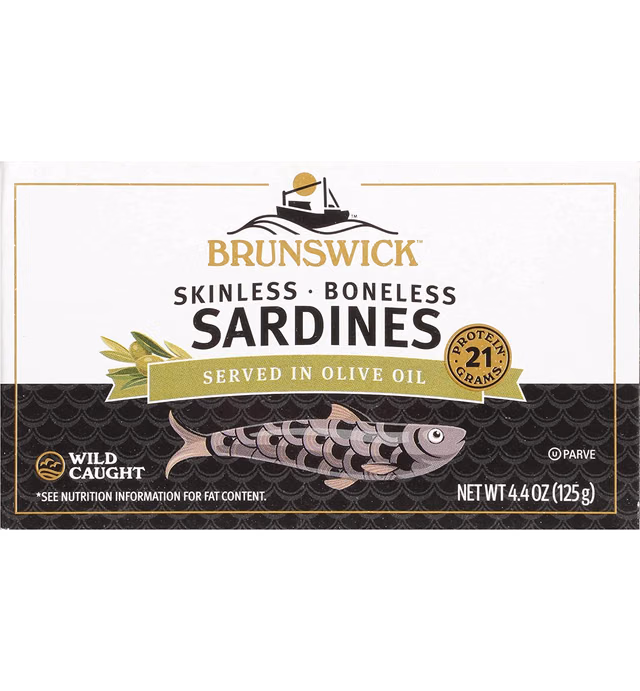 Brunswick Wild Caught Skinless and Boneless Sardines, Served in Olive Oil, 4.4 Ounce (Pack of 12)