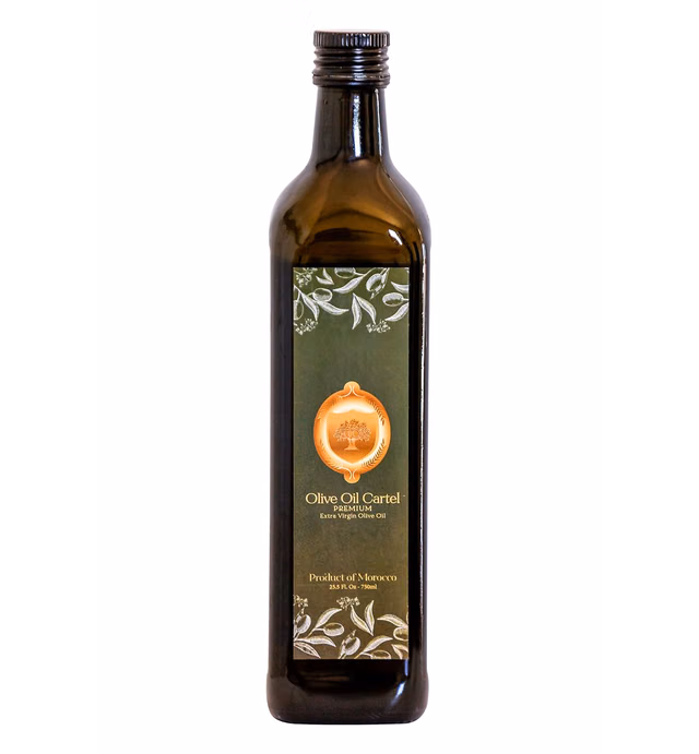 Olive Oil Cartel Premium Moroccan Extra Virgin Olive Oil - 25.4 FL Oz - 750 ml - Cold Pressed High Polyphenol Gold Award Low Acidity Unblended Single Source Family Farm EVOO Glass Bottle Cooking Gift (Green label bottle)