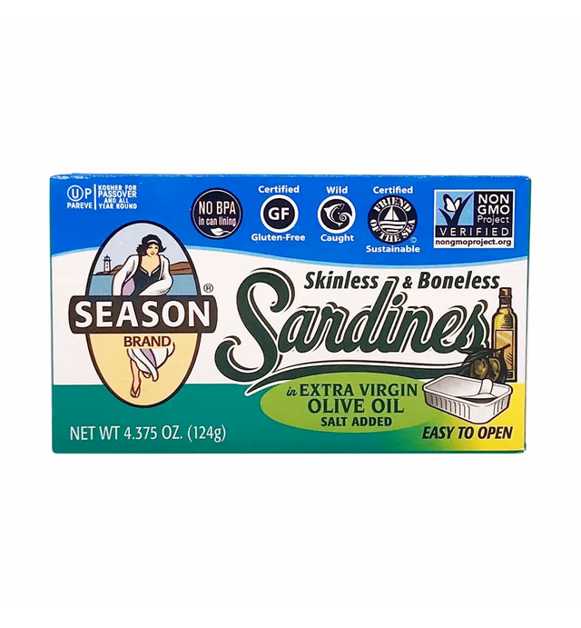 Season Skinless and Boneless Sardines in Organic Extra Virgin Olive Oil, 4.375 Ounce