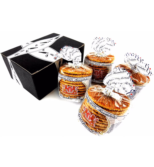 Verweij 100% Roomboter Siroopwafels (Butter Stroopwafels), 10.6 oz Packages in a BlackTie Box (Pack of 4)