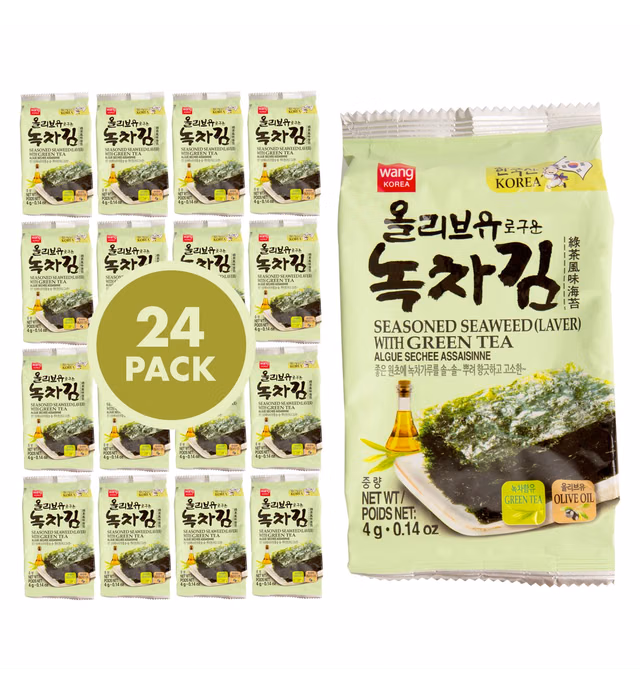 Wang Olive Oil Roasted Seaweed Snack with Green Tea, Gluten-free, Keto-friendly, Vegan, Healthy Snack 0.14 Ounce, Pack of 24