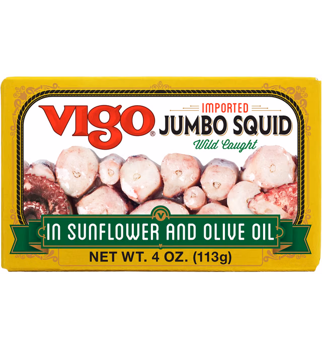 Vigo Premium Imported Canned Seafood, Jumbo Squid in Sunflower & Olive Oil, Specialty Flavored, Perfect for Recipes and Dishes (Jumbo Squid in Sunflower & Olive Oil, 4 Ounce (Pack of 10))