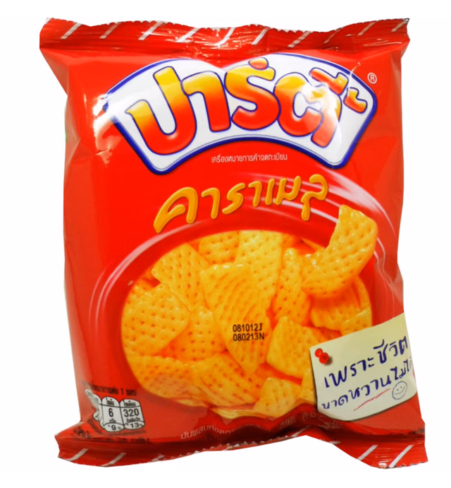 Fried Yam Chips Coated with Butter Caramel Snack Net Wt 38g (1.34 Oz) Party Brand X 6 Bags