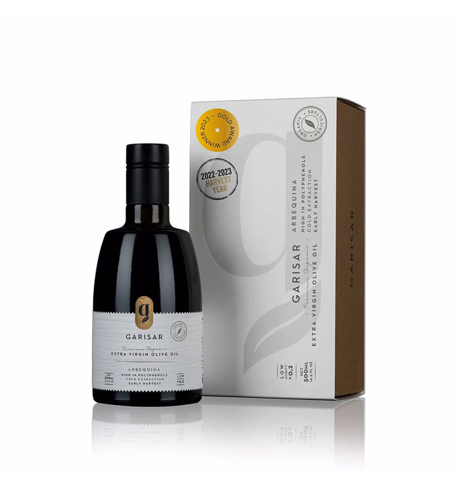Garisar High In Polyphenol Premium Olive Oil, Rich Polyphenols (>600 ppm), NYIOOC 2023 GOLD MEDAL, Low Acidity (max 0.2%), Organic Agriculture, Early Harvest, Hand Picked, Cold Pressed, Extra Virgin Olive Oil, 100% Arbequina