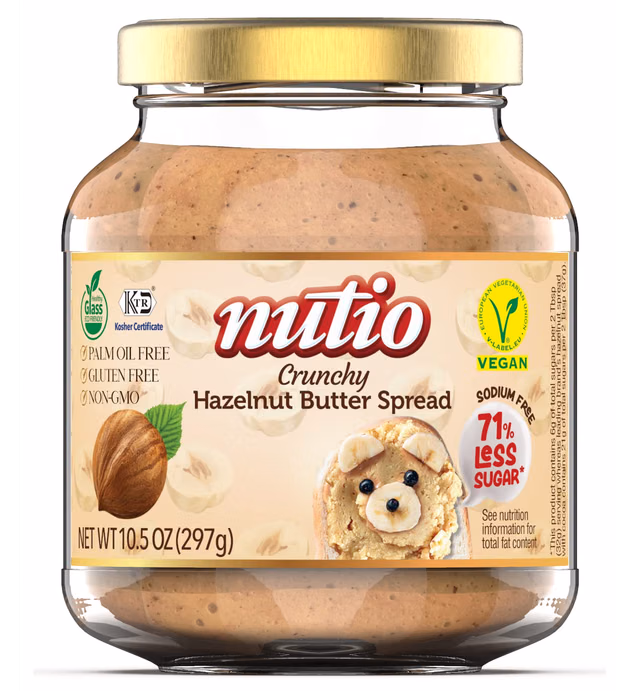 NUTIO Crunchy Hazelnut Butter Spread 10.5oz, Only 4 Ingredients, Hazelnut Rich, 71% Less Sugar. Low Carb, Keto Friendly, Vegan Certified, Naturally delicious, Palm oil free snack, Gluten free, Sodium free, Cocoa free, Non-GMO, Eco-friendly healthy glass jar
