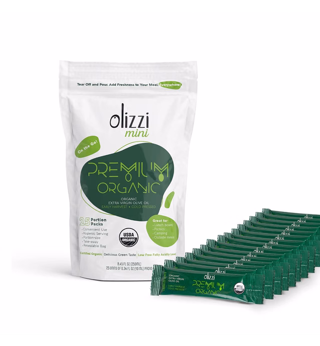 Olive Oil Packets Olizzi Premium Organic Extra Virgin - New Harvest - Award Winner, Early Harvest, Cold Pressed, USDA Organic Certified, Great Taste, Salad Dressing, Aceite de Oliva, Individual - 25 Single Use Packs (0.34 Fl Oz / Unit)
