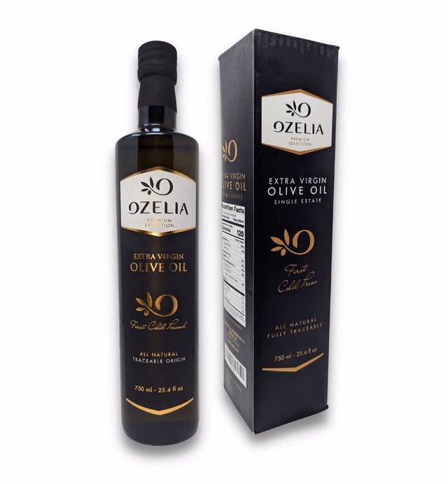 OZELIA Extra Virgin Olive Oil, Single Family Estate/Sourced, First Cold Extracted/Pressed, Unblended, All Natural, Fruity & Smooth Flavor (25 Fl Oz / 750 ml)