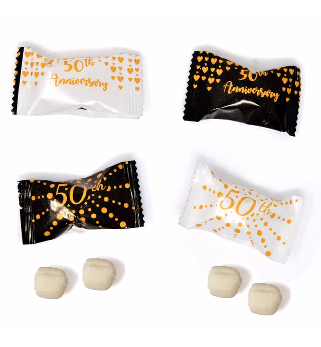 Gift Boutique 50th Anniversary Wedding Butter Mints Candies Bags 100 Count Mint Candy 14 Ounce (396 g) Bag Goodies Treat Sweets Buttercream Gold Heart Theme Party Favor Supplies Decorations For Adults