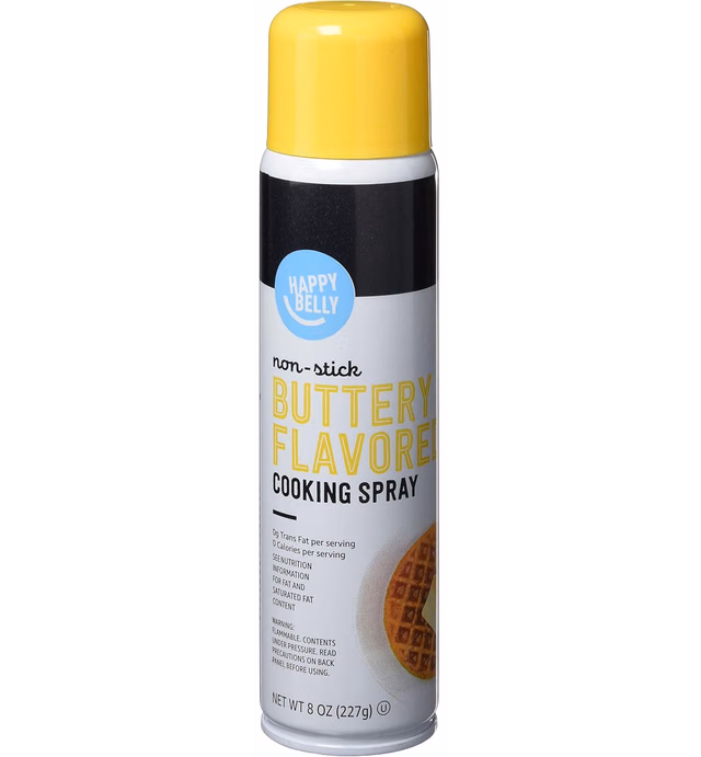 Amazon Brand - Happy Belly Non Stick Buttery Flavored Cooking Spray (Contains Soybean Oil, Soy Lecithin, Natural Flavors, Dimethyl Silicone (For Antifoaming), Beta Carotene (Color), Propellant) 8 Oz