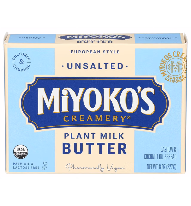 MIYOKO'S CREAMERY Organic Vegan Butter, Unsalted, European Style, Cultured Plant Milk Based, Unsalted, 8 oz Stick (1-Pack)