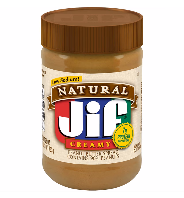Jif Natural Creamy Peanut Butter Spread, 28 Ounces, Contains 90% Peanuts