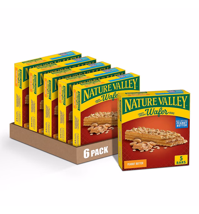 Nature Valley Wafer Bars, Peanut Butter, Snack Bars, 1.3 oz, 5 ct (Pack of 6)