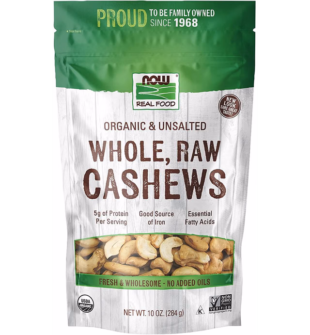 NOW Foods, Certified Organic Cashews, Whole, Raw and Unsalted, Rich Buttery Flavor, Source of Fiber, Protein and Iron, Certified Non-GMO, 10-Ounce (Packaging May Vary)