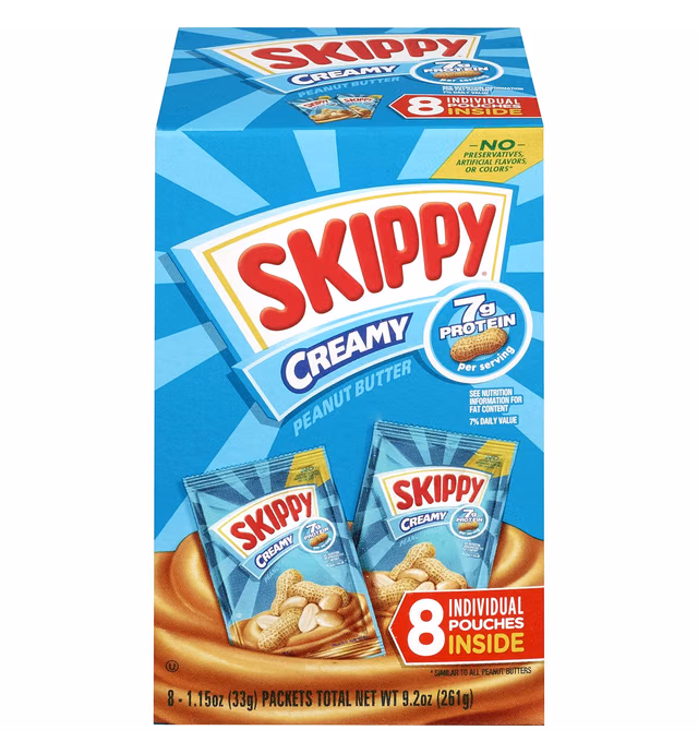 SKIPPY Creamy Peanut Butter Individual Squeeze Packs, 9.2 Ounce, (8 Pouches, Pack of 8)