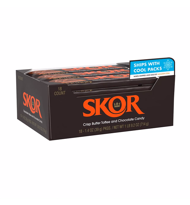 SKOR Milk Chocolate and Crisp Butter Toffee, Individually Wrapped, Gluten Free Candy Bars, 1.4 oz (18 Count)