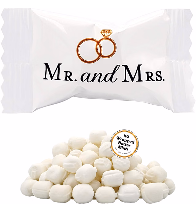 Mr. & Mrs. Wedding Buttermints, Mint Candies, After Dinner Mints, Butter Mint Candy, Fat-Free, Individually Wrapped (110 Pieces)