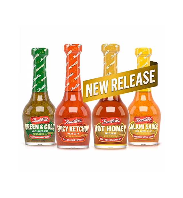 Bunsters Fresh Ones Hot Sauce Gift Pack - feat. Hot Honey, Green & Gold, Salami Sauce and Spicy Ketchup. The Ultimate Bunsters Hot Sauce Experience