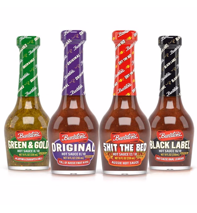 Bunsters Hot Ones Hot Sauce Gift Pack - Features STB, Black Label, 8/10, and Green and Gold Sauces - The Ultimate Bunsters Hot Sauce and BBQ Sauce Experience