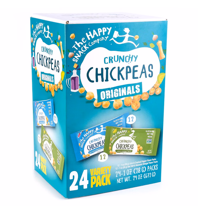 The Happy Snack Company Crunchy Chickpeas Variety Pack 24 x 1 oz ( Sea Salt & Balsamic Vinegar Flavor and Lime & Cracked Pepper Flavor). 5g Protein & 120 Cals. Gluten,Nut & Dairy Free, Non-GMO and Vegan.