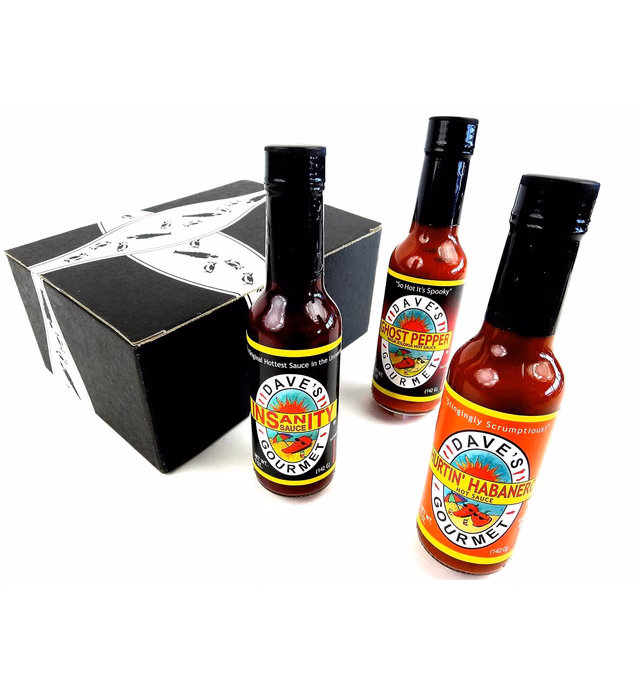 Dave's Insanity Sauces 3-Flavor Variety: One 5 oz Bottle Each of Insanity, Hurtin Habanero, and Ghost Pepper in a BlackTie Box (3 Items Total)