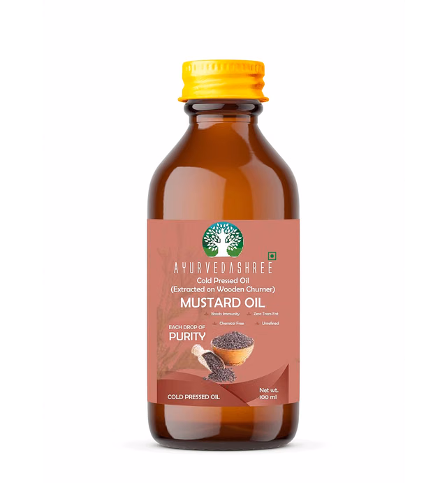 AYURVEDASHREE Mustard Oil 3.38 fl oz.. Cold Pressed Oil, Extracted on Wooden Churner with Traditional Method to Sustain maximum nutrition, Cold-Pressed, 100% Pure & Natural, No GMO,Untreated and Unrefined, Mustard Oil, 100 ML, Cooking & Flavor Enhancer in Many Cuisines