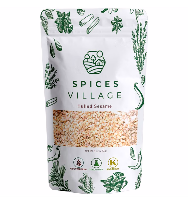 SPICES VILLAGE Hulled Sesame Seeds [ 8 oz ] - White, Raw Sesame for Cooking and Baking, Tahini, KETO Friendly - Kosher Certified, Gluten-Free, Non-GMO, Resealable Bulk Bag [ PACKAGE MAY VARY ]