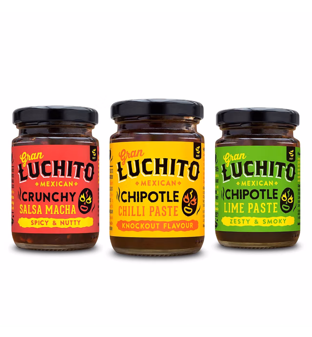 Gran Luchito Mexican Chili Gift Set | Variety 3 Pack | Flavours Include Spicy Hot Salsa Macha, Smoky Chipotle and Sweet Chipotle Lime.