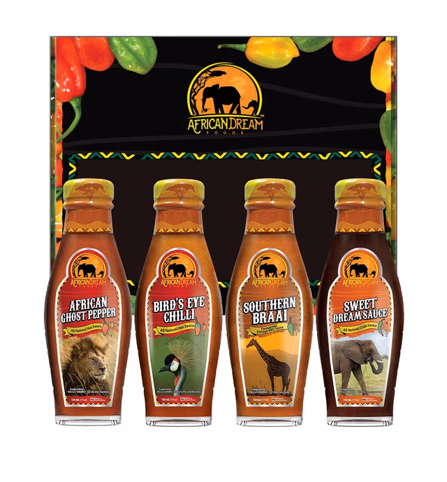 African Dream Foods Mildest and Hottest Hot Sauce Gift Pack - African Ghost Pepper, Bird’s Eye Chilli Sauce, Southern Braai - BBQ Sauce, Sweet Dream | All-Natural and Vegan | 5fl oz Bottles, 4PK