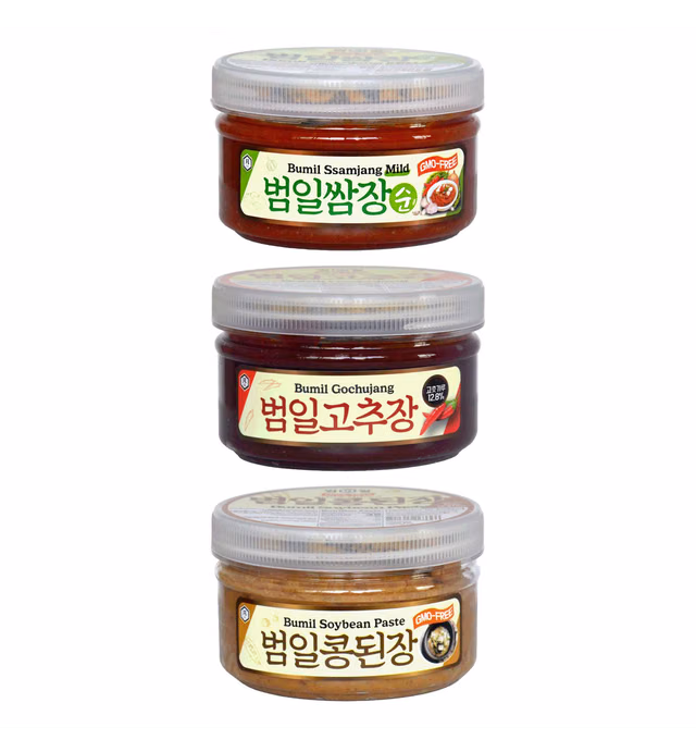 Taehwa Food Bumil Korean Sauce Set, Gochujang Ssamjang Soyben Paste, 8.81 Oz, Fermented Korean Spicy Chili Paste for Meat Bulgogi Bibimbap Stew Soup Dipping Sauce & More (250g x3)