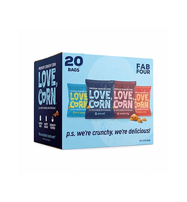 LOVE CORN Fab Four - Sea Salt, BBQ, Salt & Vinegar, Spicy 0.7oz x 20 - Delicious Crunchy Corn - Healthy Family Snacks - Gluten Free, Kosher, NON-GMO - Alternative for Chips, Nuts, Crackers & Pretzels