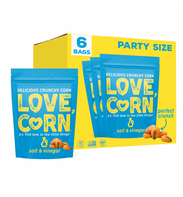 LOVE CORN Salt & Vinegar | Delicious Crunchy Corn Natural Snack | 4oz x6 bags | Non-GMO, Low-Sugar, Gluten-Free, Plant Based, Vegan