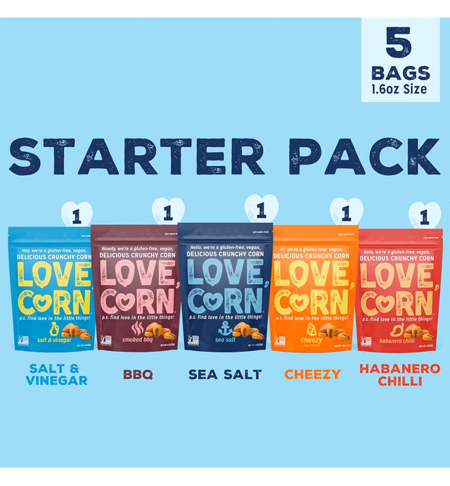 LOVE CORN Sea Salt, BBQ, Salt & Vinegar, Habanero Delicious Crunchy Natural Corn Starter Snack Pack | 1.6oz, 5 bags (1 bag per flavor) | Non-GMO, Gluten-Free, Plant Based, Vegan, Low-Sugar