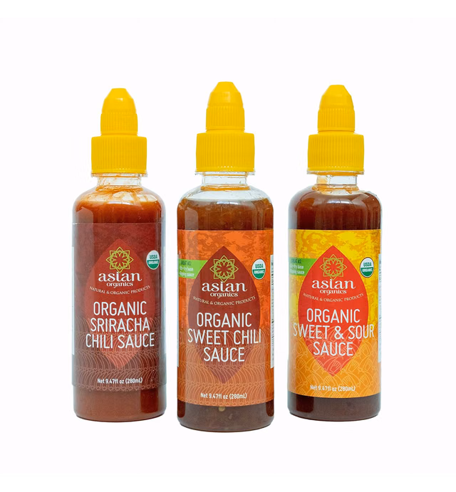 Asian Organics Variety 3-Pack; Organic Sweet Chili Sauce, Organic Sriracha, and Organic Sweet and Sour Sauce; Authentic Recipes Made with Local Organic Produce from Thailand; 9.47oz/280mL Bottles