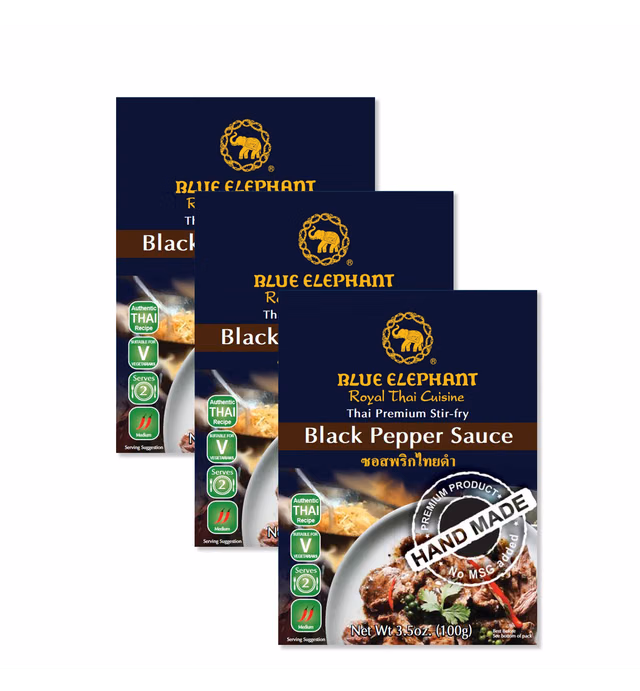 PRICE REDUCTION: BEST BY 15 SEP 2022 Black Pepper Sauce, Blue Elephant Royal Thai Cuisine, 3.5oz, Thai Premium Stir-fry Sauce, (Pack of 3)