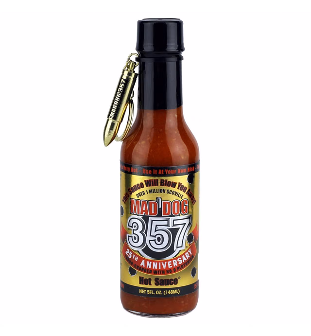 Mad Dog 357 Gold Edition Hot Sauce, Over 1 Million Scoville, Carolina Reaper, Scorpion & Ghost Peppers, Enhanced with No. 9 Plutonium Pepper Extract, 5 oz.