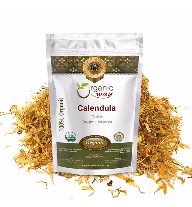 Organic Way Dried Calendula Flower Petals | Herbal Tea (Calendula officinalis) - European Wild-Harvest | Organic & Kosher Certified | Raw, Vegan, Non GMO & Gluten Free | USDA Certified | Origin - Albania (1/4LBS / 4Oz)